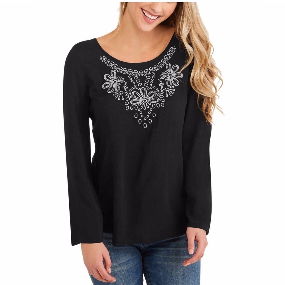Faded Glory Black with cream/white embroidered blouse